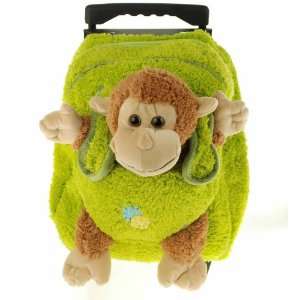  Kids Green Rolling Backpack With Monkey Stuffie 