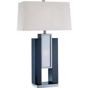   Table Lamp With Night Light, Polished Steel/Dark Walnut/White Fabric