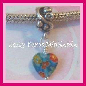 Millefiori HEART DANGLE STER SILVER ~Fits European(M14)  