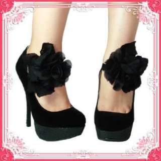   Black Velvet Stiletto Platform Flower Round Toe Pumps (Onyx18): Shoes