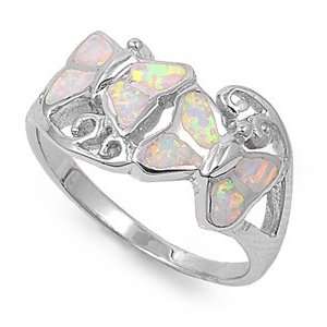 Sterling Silver Ring in Lab Opal   Butterfly   Ring Face Height: 10mm 