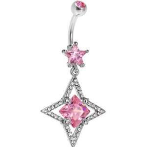  Pink Cubic Zirconia Hollow Star Square Belly Ring Jewelry