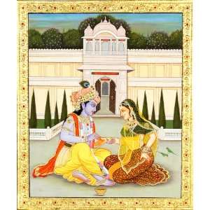 Krishna Painting the Hands of Radha (Embossed With 24 Karat Gold 