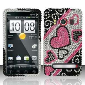 For HTC Evo 4G (Sprint) Full Diamond Pink/Black Hearts Design Snap on 