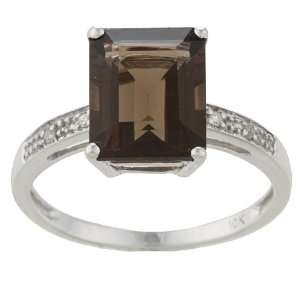   Gold Emerald Cut Smokey Topaz and Diamond Ring   size 5.5: Jewelry