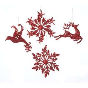   Christmas Brights Red Glitter Deer, Bird and Snowflake Ornaments: Home