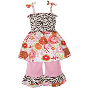 AnnLoren Girls Floral & Zebra Smocked Spring Capri Outfit size 2 10 