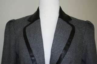AUTH $625 Robert Rodriguez Tweed Jacket Blazer with Leather Trim Puff 