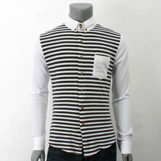new mens button down color casual Stripe Knit Combination slim fit 