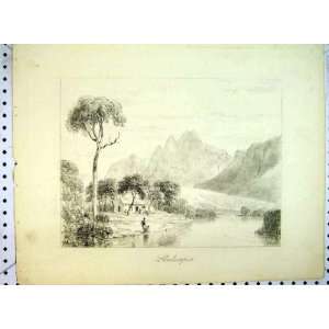    C1849 Landscape Drawing Mountain River House People