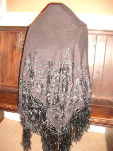 vintage black embroidered fringed 1940slarge piano shawl  