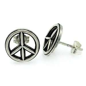    Peace Symbol Stud Oxidized Sterling Silver Post Earrings: Jewelry