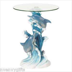 DOLPHIN SCULPTURE GLASS TOP SIDE TABLE ~ DOLPHINS TABLE  