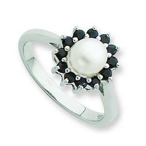   Rhodium 6mm Fw Cult Button Pearl & Sapphire Ring, Size 7 Jewelry