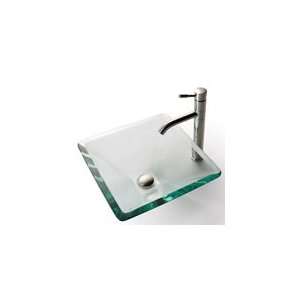  Kraus Aquamarine Clear Square Glass Sink and Aldo Faucet 