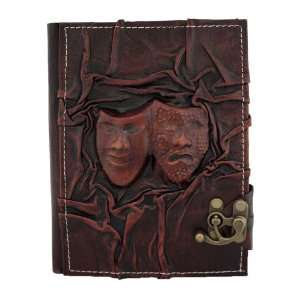  3D Happy Sad Mask on a Brown Handmade Leather Bound 