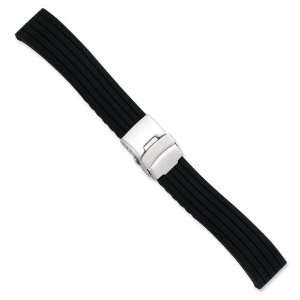   Blk Striped Silicone Slvr tone Deploy Bkle Watch Band Size 24 Jewelry