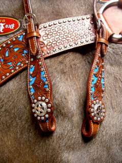   LEATHER HEADSTALL BREASTCOLLAR TACK SET RODEO BROWN TURQUOISE HS3