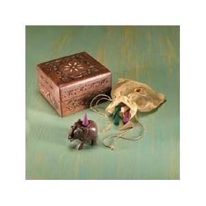  Indian Incense Soapstone Elephant and Carved Wooden Box 
