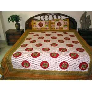 3p Cotton Bedspread Set White Yellow Red Dancing Girls Indian Print 