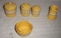 TOY YELLOWWARE BANDED CANISTERS, PITCHER AND NESTING BOWLS  