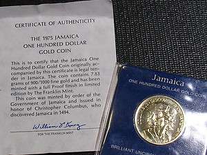 1975 JAMAICA UNC. SPECIMAN $100 GOLD PIECE  22K GOLD  
