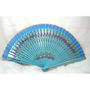 Japanese Style Blue Bamboo Hand Fan   Hand Painted   Flowers on Both 