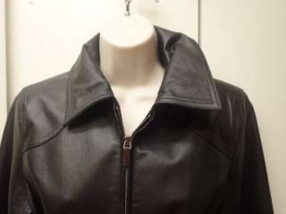 East 5th Leather jacket small black zippered belted silvertone snaps 