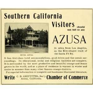  1901 Ad Hotel Azusa California Griffiths Santa Fe Rail 