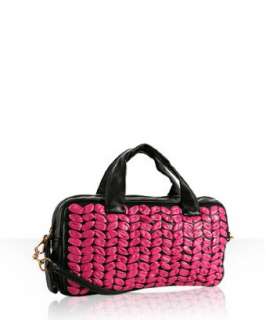 style #304199201 black and fuchsia lambskin woven top handle small bag