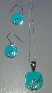 Three Leaf Clover Square Turquoise Pendant & Earrings  