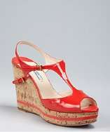 Prada red patent leather and cork peep toe wedges style# 319560701