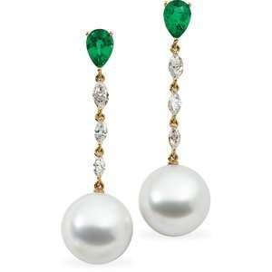   Sea Cultured Pearl, Genuine Emerald And Diamond earrings: Jewelry