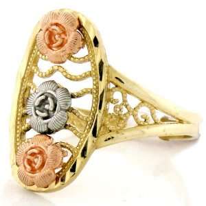  10K Gold Tricolor Flower Rose Diamond Cut Filigree Ring Jewelry