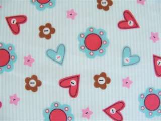 AQUA BLUE AND RED HEARTS BUTTONS FLOWERS STRIPED FABRIC  