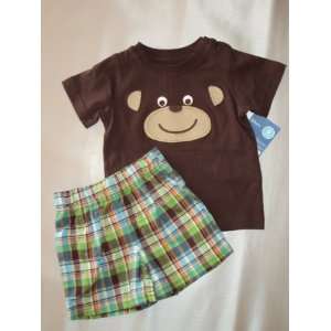   piece Short Sleeve Brown Monkey Top and Plaid Short Set 3 Months Baby