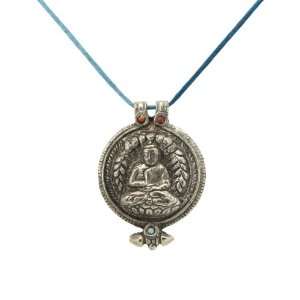 Oxidized Finish Metal Buddha Pendant with Coral and Turquoise Beads