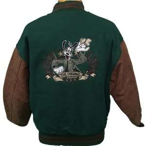 Adult Medium Disney Goofy Green Wool Jacket w/ Genuine Leather sleeves