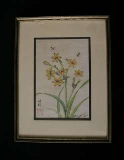   Flower Bees Original Signed Asian Chinese Watercolor Art RARE  