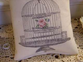 Shabby Vintage Inspired Old Wire Birdcage & Rose Canvas Pillow  