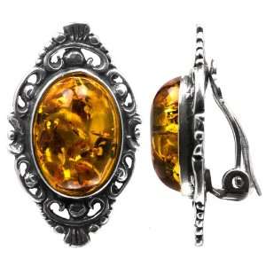 Baltic Light Honey Amber Sterling Silver Oval Cut Victorian Clip on 