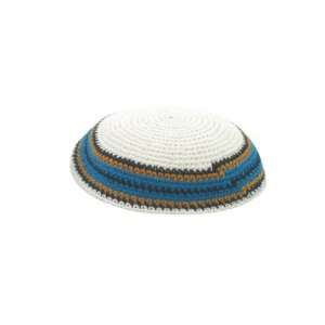  White Knitted Kippah with Blue, Black and Orange Stripes 