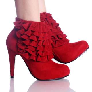 Red Ankle Booties Womens Platform Boots Ruffle Stiletto High Heels 