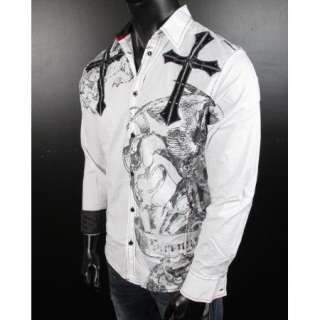   WOVEN Button shirt called STAY STRONG in White WITH STONES & STUDS