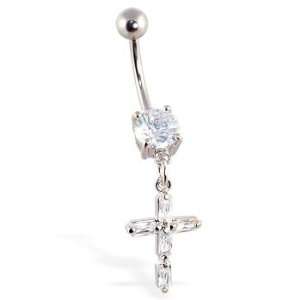  Navel ring with dangling clear jeweled cross: Jewelry