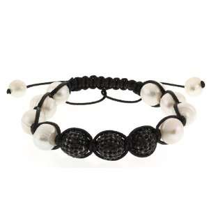   Freshwater Pearl Black Pave Disco Balls Adjustable Bracelet Jewelry
