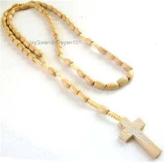 Tan Long Wood Rosary Necklace Beads Mens Wooden Cross  