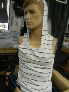 NWT, sleeveless hoodies. made in USA. white/blk stripes  