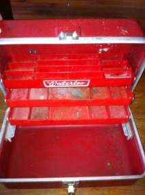   Red Fiberglass Retro Waterloo Fishing Tackle Tool Box Chest  