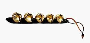   LEATHER STRAP & 5 LARGE BRASS SLEIGH BELLS  GREAT HOLIDAY DECORATION